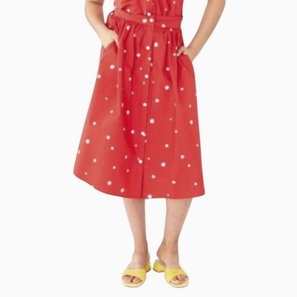 Ban.do Red Midi Skirt Daisy Print Button Front Midi Skirt Cotton Size Large
